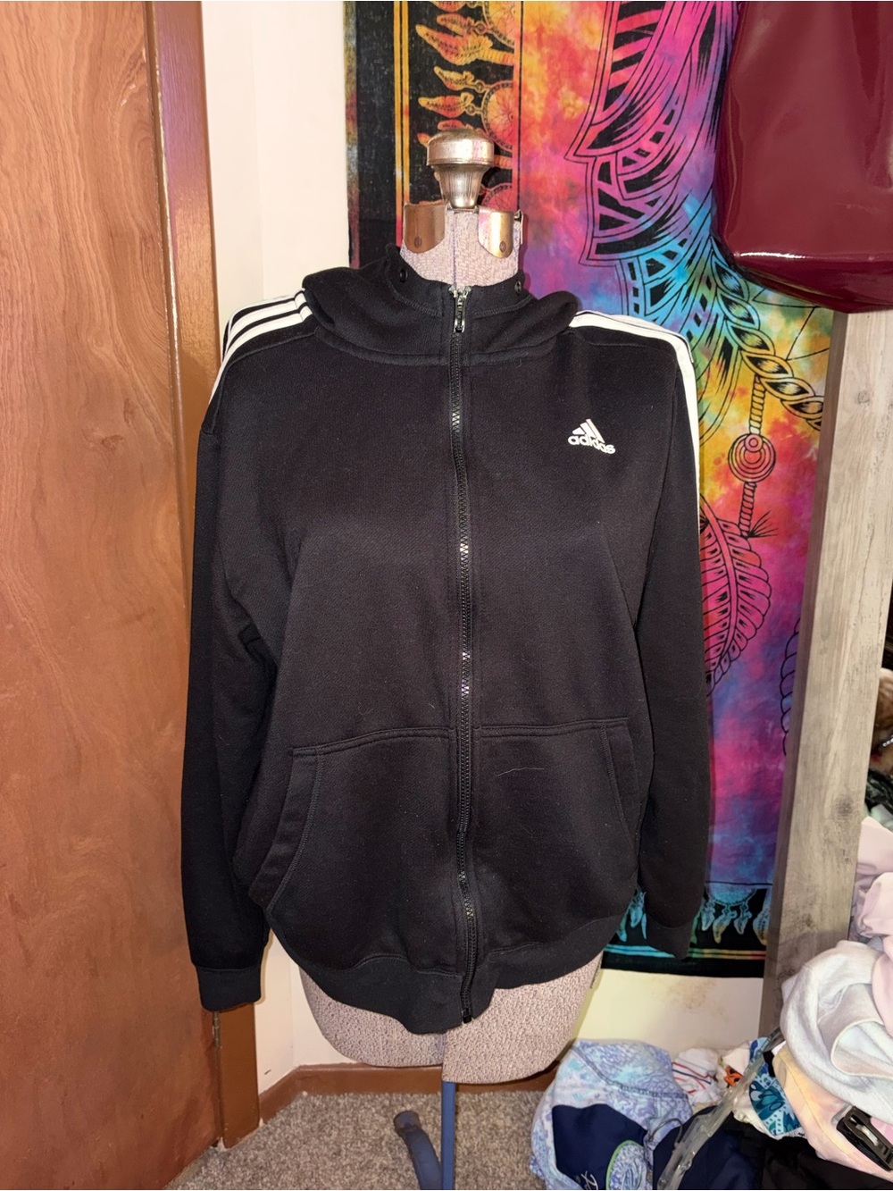adidas Black Full-Zip Hoodie with White Shoulder Stripes
